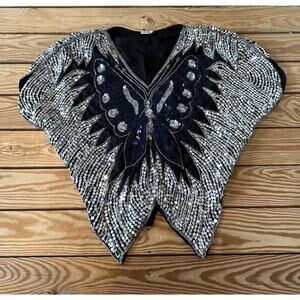 Vintage Silk Sequin Poncho Top Size Small Women’s Black